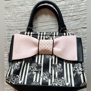 Betsey Johnson Black and White Floral Satchel with Pink Bow